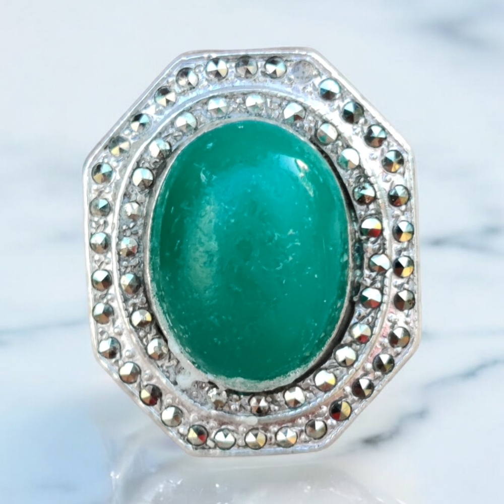 Antique sterling Edwardian marcasite and green onyx gemstone ring